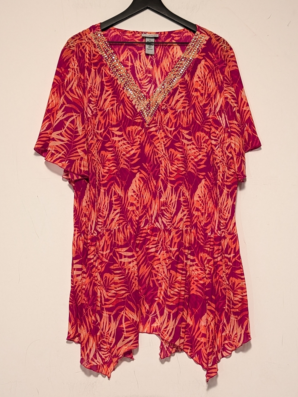 Catherines 2X 22/24W Tropical Tunic Top Embellished V Neck Plus Flowy Vacation